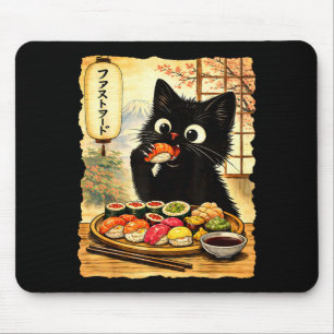 Tapis De Souris Chat noir mignon mangeant des sushis nourriture ja