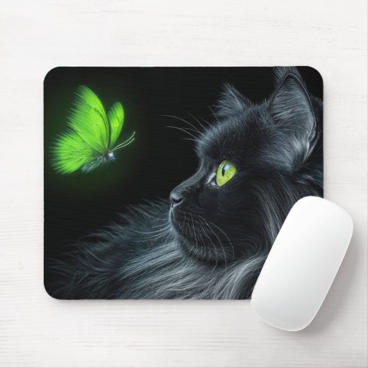 Tapis De Souris Chat Noir qui s'agenouille à un papillon vert bril (Avec souris)