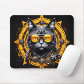 Tapis De Souris Chat noir steampunk avec lunettes orange (Avec souris)