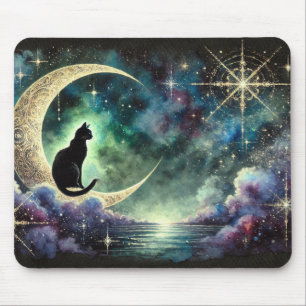 Tapis De Souris Chat noir sur croissant de lune avec ciel nocturne