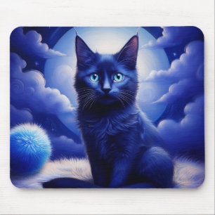 Tapis De Souris Chat noir sur fond de lune bleue
