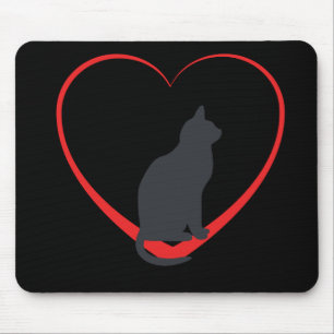 Tapis De Souris Chat noir sur le coeur ouvert de rouge, arrière -