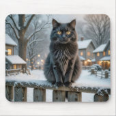 Tapis De Souris Chat noir sur une clôture neigeuse (Devant)