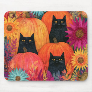 Tapis De Souris Chat noir vigilant Patch de citrouille d'automne