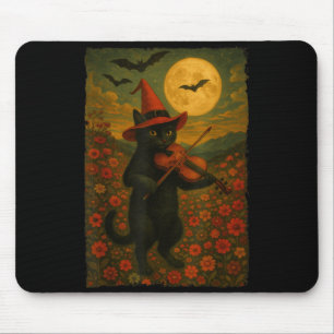 Tapis De Souris Chat noir vintage Halloween jouant du violon dans 