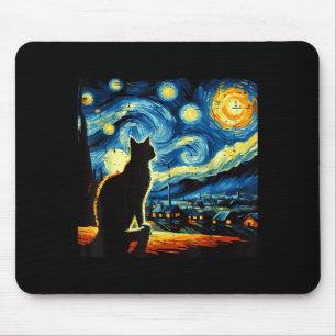 Tapis De Souris Chat Nuit Étoilée Van Gogh Peinture Kitty Art Femm