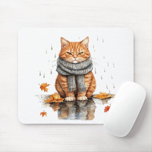 Tapis De Souris Chat orange grincheux sous la pluie (Avec souris)