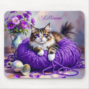 Tapis De Souris Chat personnalisé en fil violet et fleurs