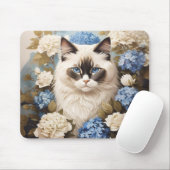 Tapis De Souris Chat Ragdoll Avec Fleurs Bleues D'Hydrangée (Avec souris)