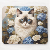 Tapis De Souris Chat Ragdoll Avec Fleurs Bleues D'Hydrangée (Devant)