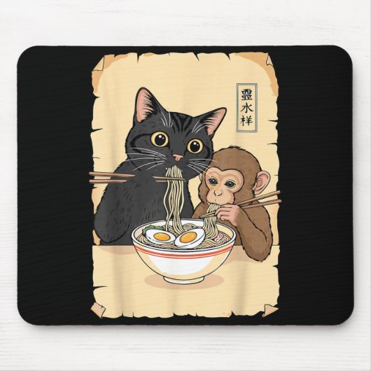 Tapis De Souris Chat Ramen Singe Chemise Drôle Chat Singe Mangeant (Devant)
