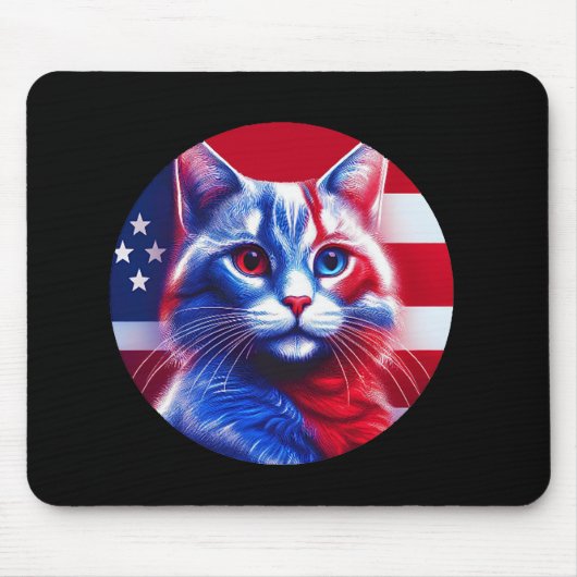 Tapis De Souris Chat Rouge Blanc & Bleu avec fond de drapeau améri (Devant)