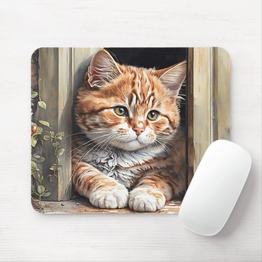 Tapis De Souris Chat roux à l'aquarelle  (Avec souris)