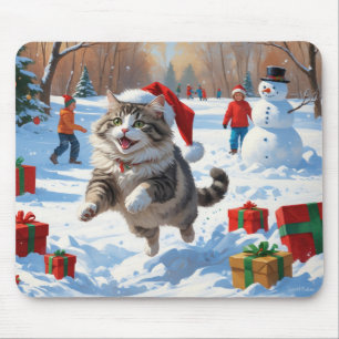 Tapis De Souris Chat Sibérien Courant dans la Neige avec un Chapea