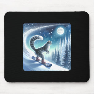 Tapis De Souris Chat Snowboard Sur La Pente Froide. Neige