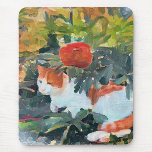 Tapis De Souris chat sous un buisson à fleurs A.I. amélioré (Devant)