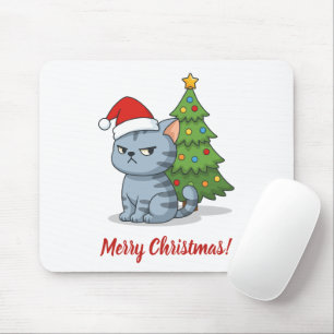Tapis De Souris Chat tabby gris grincheux sapin de Noël chapeau ro