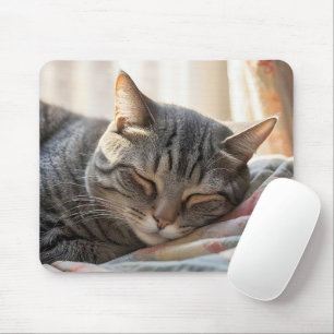 Tapis De Souris Chat tigré dormant sur un vieux quilt