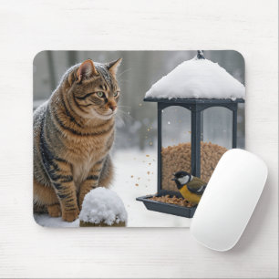 Tapis De Souris Chat Tigre Observant un Oiseau sur une Mangeoire