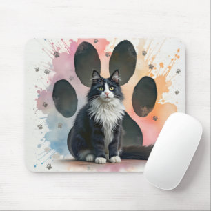 Tapis De Souris Chat Tuxedo avec motif d'empreinte de patte à l'aq