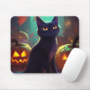 Tapis De Souris Chat Tuxedo d'Halloween avec citrouilles effrayant