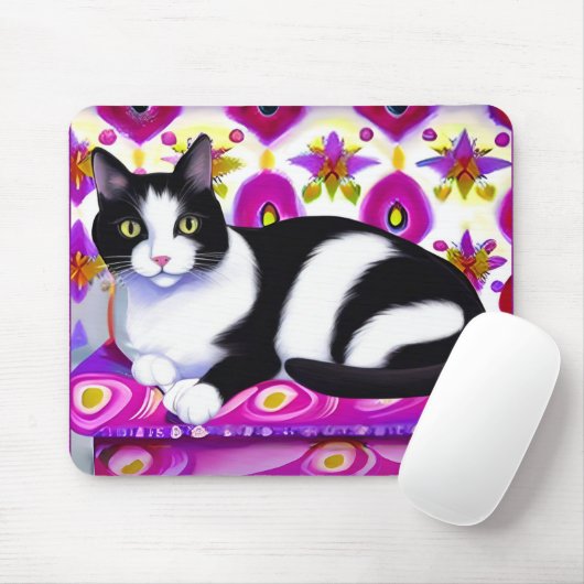 Tapis De Souris Chat Tuxedo noir et blanc sur un coussin (Avec souris)
