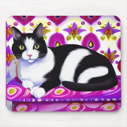 Tapis De Souris Chat Tuxedo noir et blanc sur un coussin (Devant)