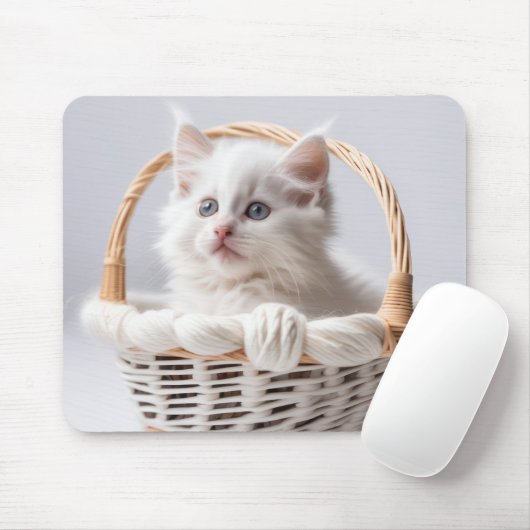 Tapis De Souris Chaton blanc dans une panier (Avec souris)