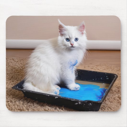 Tapis De Souris Chaton Blanc En Bac À Peinture (Devant)