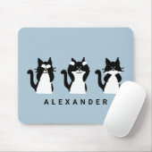 Tapis De Souris Chats blancs noirs | Trois Kitties douces bleu cla (Avec souris)