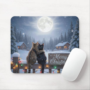 Tapis De Souris Chats de Noël s'étreignant sur une clôture enneigé