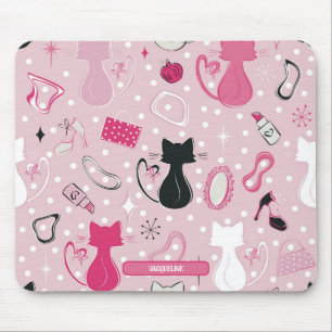 Tapis De Souris Chats du coeur rose du milieu du siècle