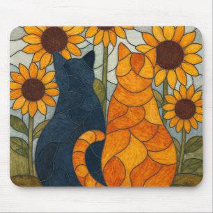 Tapis De Souris Chats en vitrail et conception d'art de tournesols