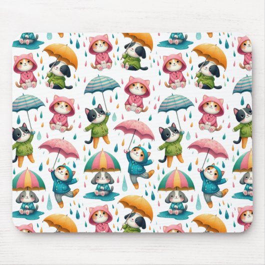 Tapis De Souris Chats et chiens à plume mignonne avec parapluies (Devant)