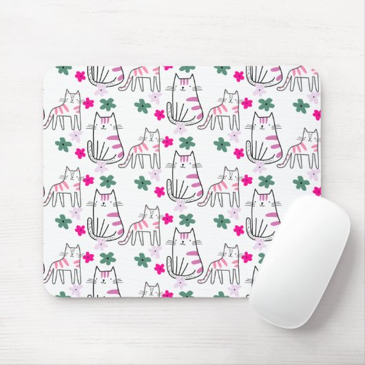Tapis De Souris Chats et fleurs en blanc (Avec souris)