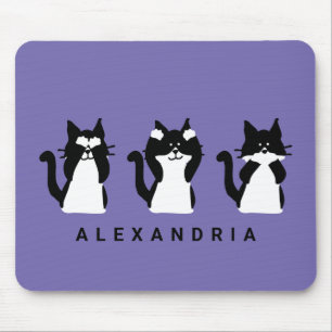 Tapis De Souris Chats noirs et blancs Trois sages chatons violet