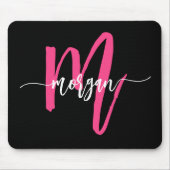 Tapis De Souris Chaud rose noir moderne Script Girl Monogramme Nom (Devant)