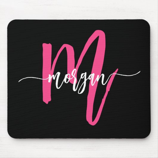 Tapis De Souris Chaud rose noir moderne Script Girl Monogramme Nom (Devant)