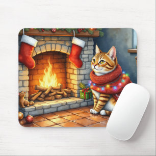 Tapis De Souris Cheminée allumée abyssin avec lumières de Noël