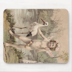 Tapis De Souris Cherub vintage avec cigogne près du lac