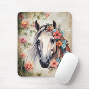 Tapis De Souris Cheval blanc dans les fleurs.