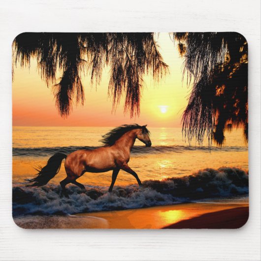Tapis De Souris Cheval courant sur la plage du coucher du soleil (Devant)