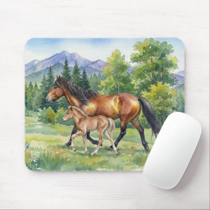 Tapis De Souris Cheval islandais Sola et poulain dans une prairie