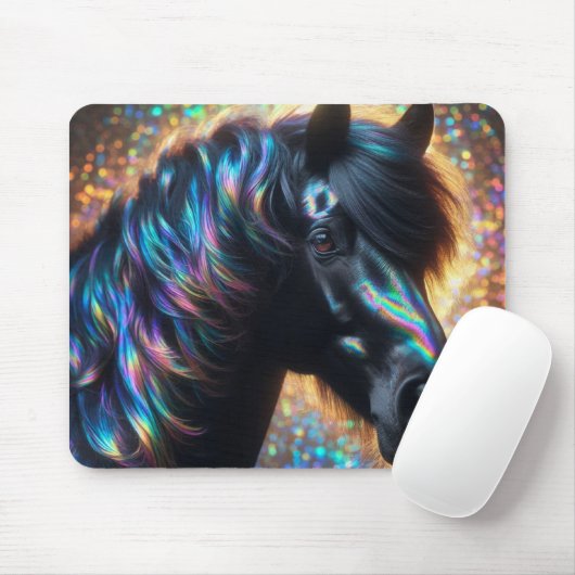 Tapis De Souris Cheval noir avec Mane Iridescente (Avec souris)
