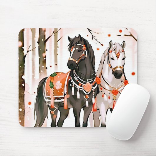 Tapis De Souris Chevaux dans une forêt rouge (Avec souris)