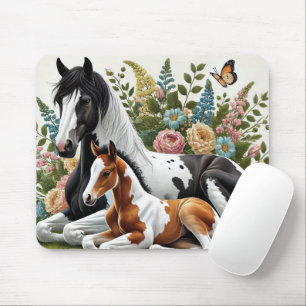 Tapis De Souris Chevaux reposant parmi les fleurs et la verdure vi