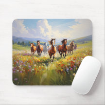 Chevaux Sauvages Courant dans une Prairie de Fleur