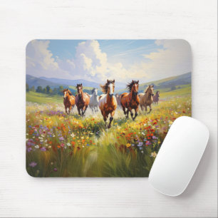Tapis De Souris Chevaux Sauvages Courant dans une Prairie de Fleur