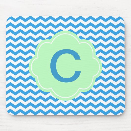 Tapis De Souris Chevron bleu, forme vert clair, monogramme (Devant)