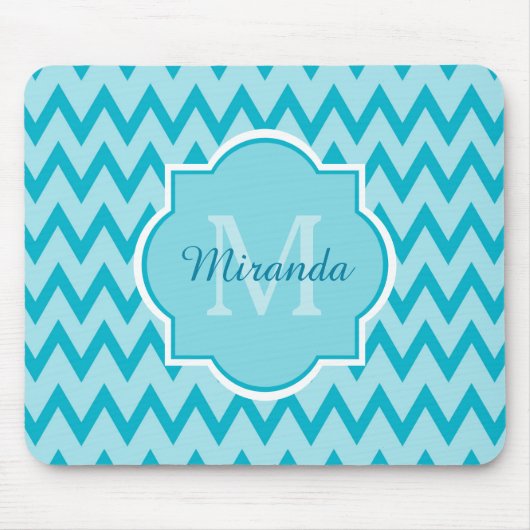 Tapis De Souris Chevron Zigzag Nom et Monogramme tendance Turquois (Devant)